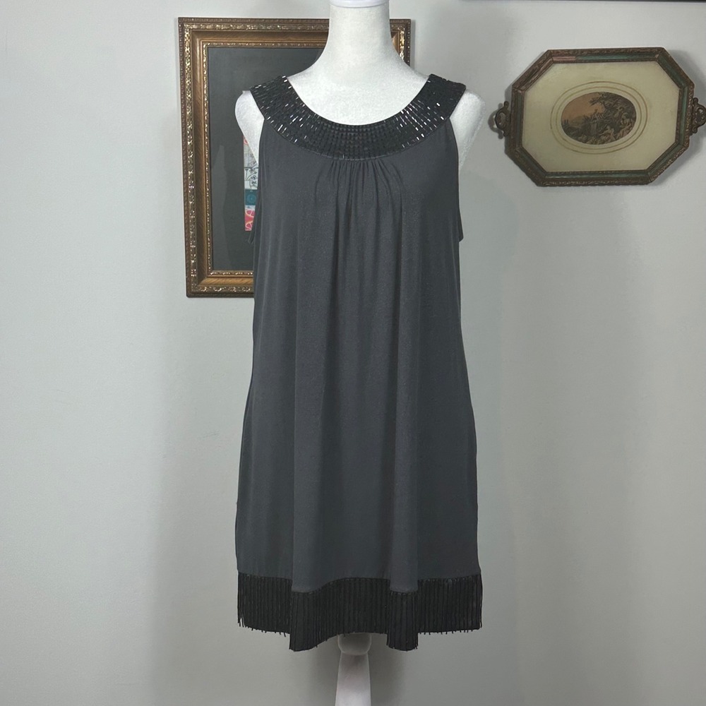 Express Gray Glitter Dress with Beaded Neckline & Beaded Fringe Hem - SIZE L Y2K